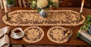 Vintage Crochet Lace Table Runner & 2 Round Doilies Floral Rose Light Brown 3 Pc